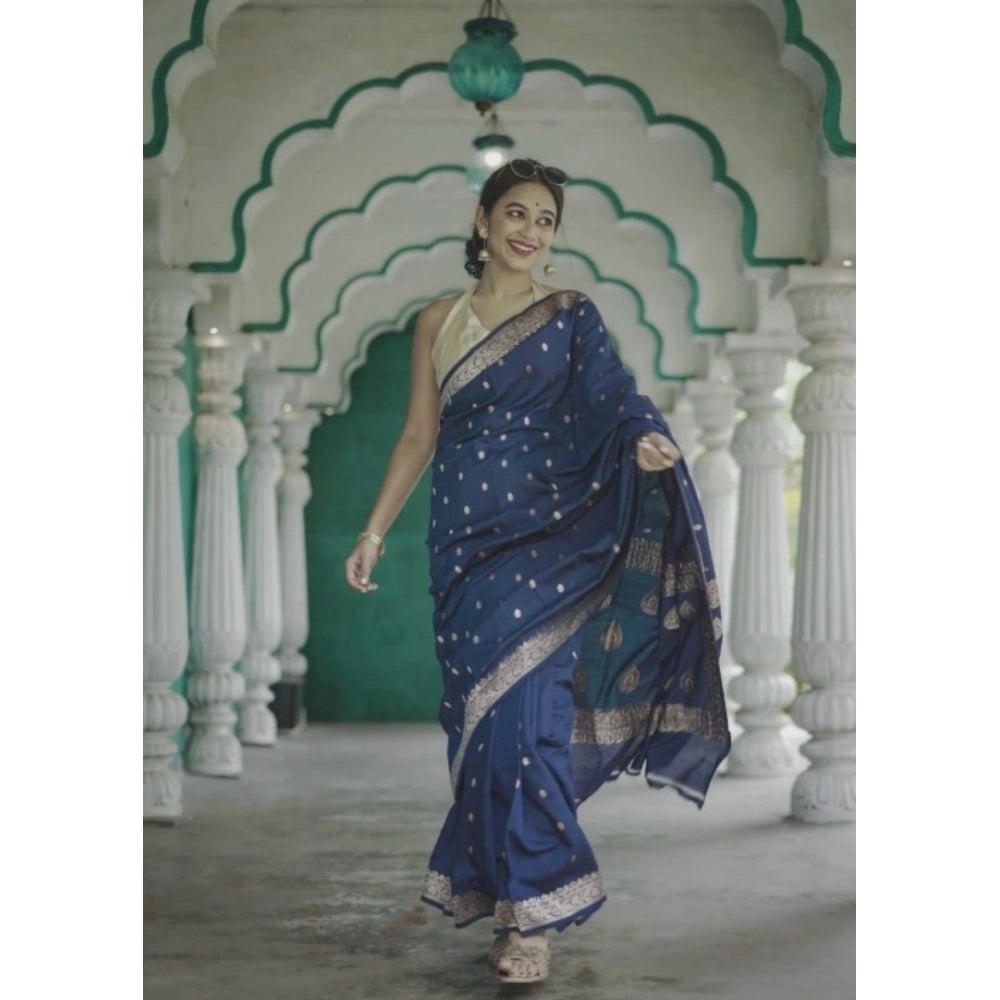 Seduva Women's Cotton  Printed Saree With Unstitched Blouse 5.5Mtr (Navy Blue)