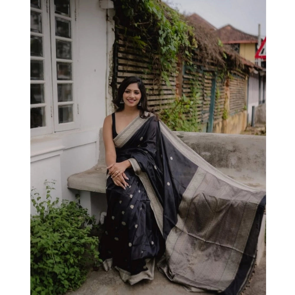 Seduva Women's Silk Printed Saree With Unstitched Blouse 5.5Mtr (Black)
