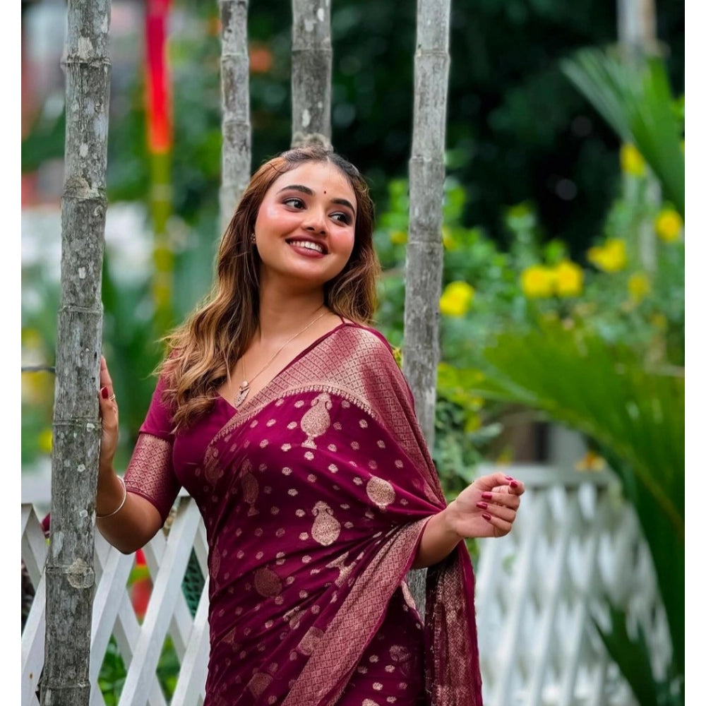 Seduva Women's Silk Printed Saree With Unstitched Blouse 5.5Mtr (Wine)