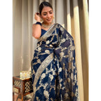 Seduva Women's Silk Printed Saree With Unstitched Blouse 5.5Mtr (Dark Blue)