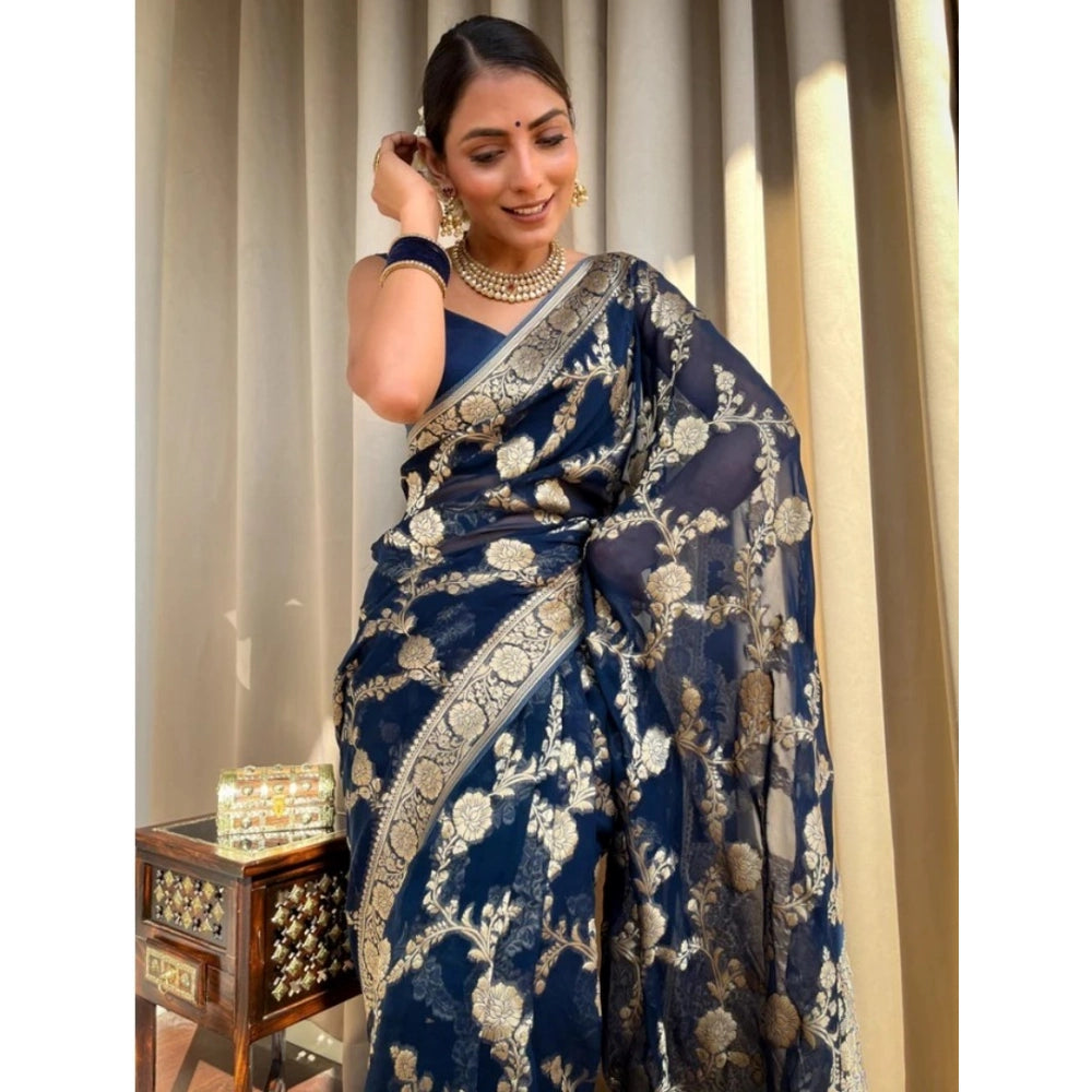 Seduva Women's Silk Printed Saree With Unstitched Blouse 5.5Mtr (Dark Blue)