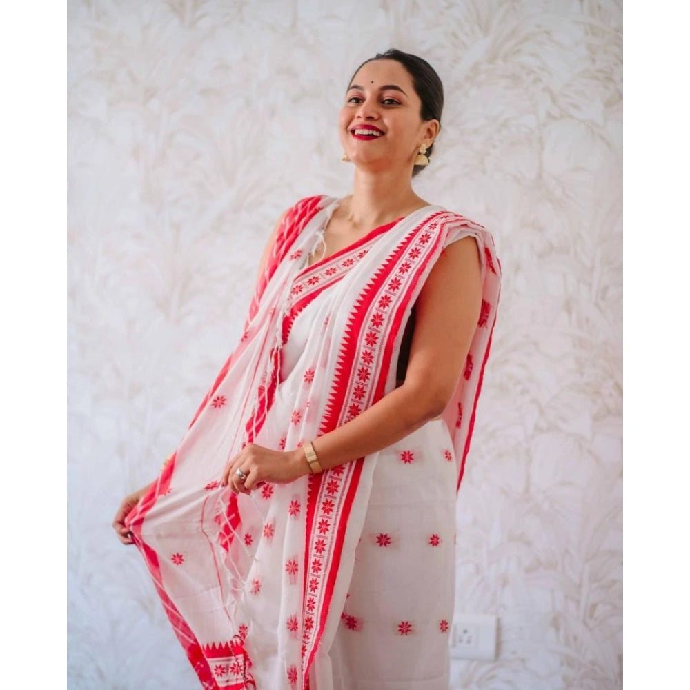 Seduva Women's Cotton  Printed Saree With Unstitched Blouse 5.5Mtr (White-Pink)