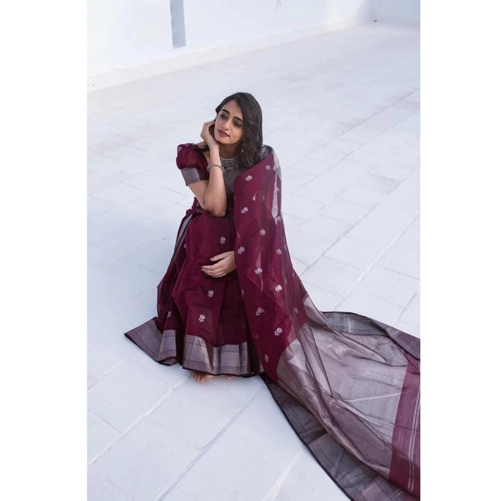 Seduva Women's Cotton  Printed Saree With Unstitched Blouse 5.5Mtr (Maroon)