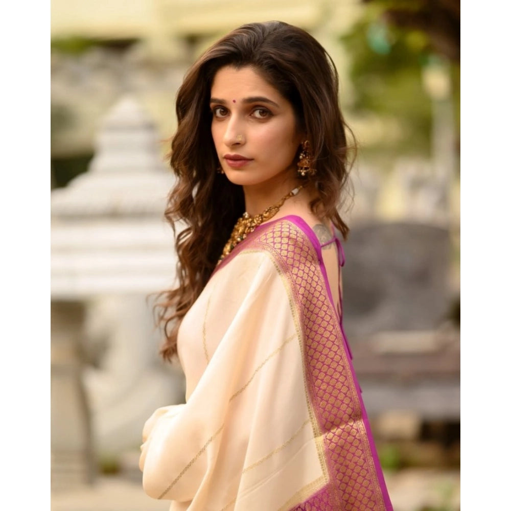 Seduva Women's Silk Printed Saree With Unstitched Blouse 5.5Mtr (Off White-Pink)