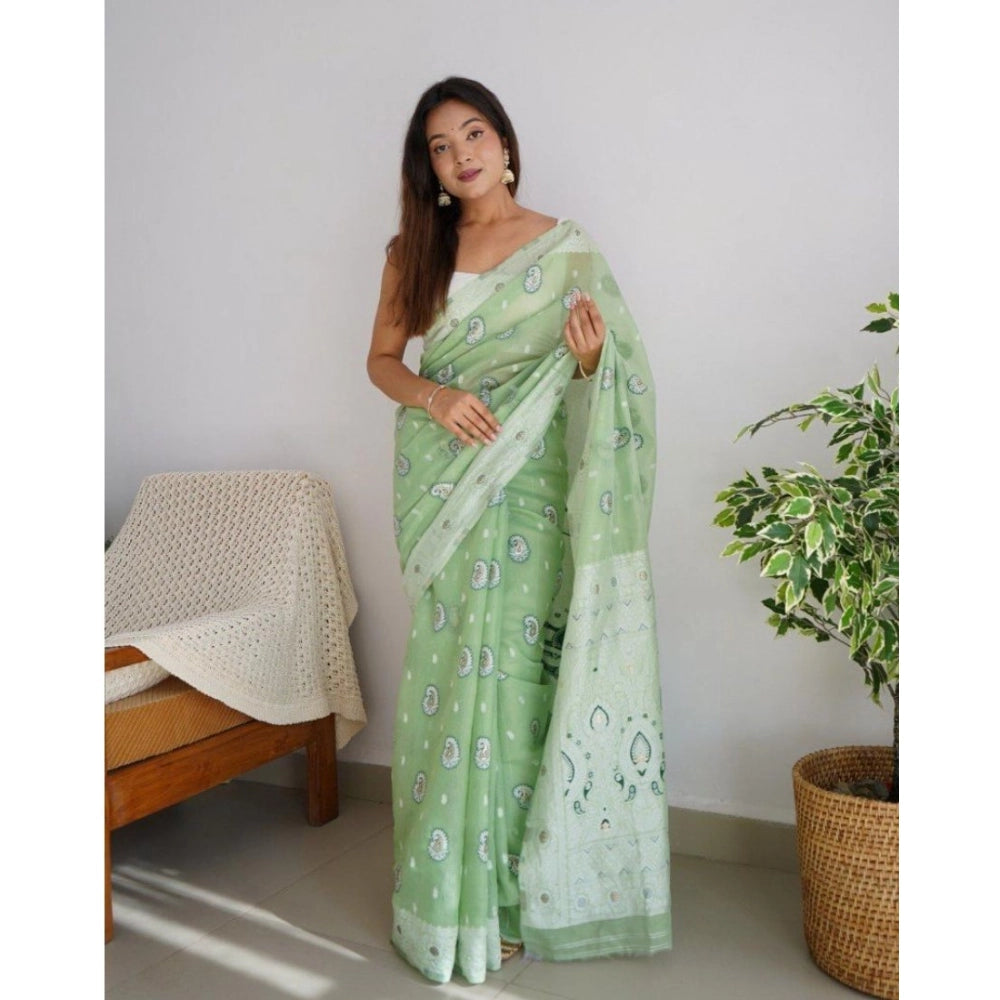 Seduva Women's Cotton  Printed Saree With Unstitched Blouse 5.5Mtr (Pista)
