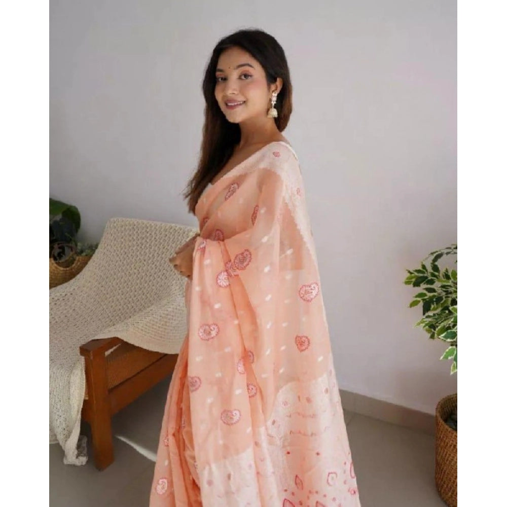 Seduva Women's Cotton  Printed Saree With Unstitched Blouse 5.5Mtr (Peach)