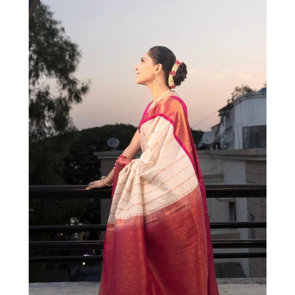 Seduva Women's Silk Printed Saree With Unstitched Blouse 5.5Mtr (White-Pink)