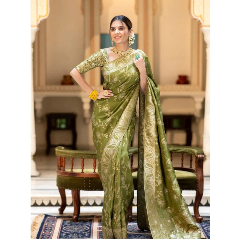 Seduva Women's Silk Printed Saree With Unstitched Blouse 5.5Mtr (Olive Green)