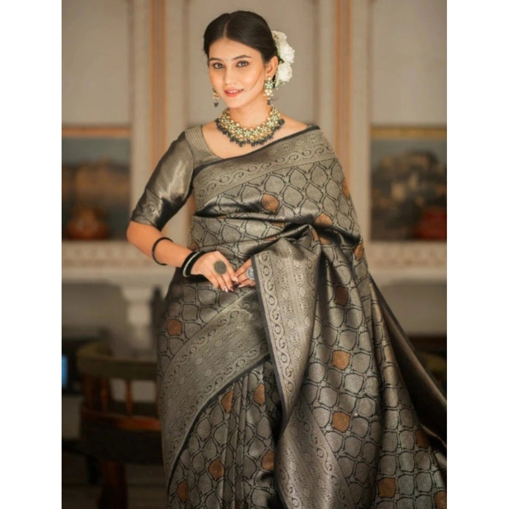 Seduva Women's Silk Printed Saree With Unstitched Blouse 5.5Mtr (Black)