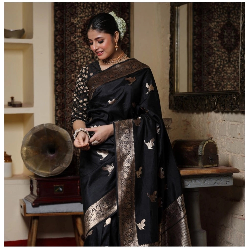Seduva Women's Silk Printed Saree With Unstitched Blouse 5.5Mtr (Black)