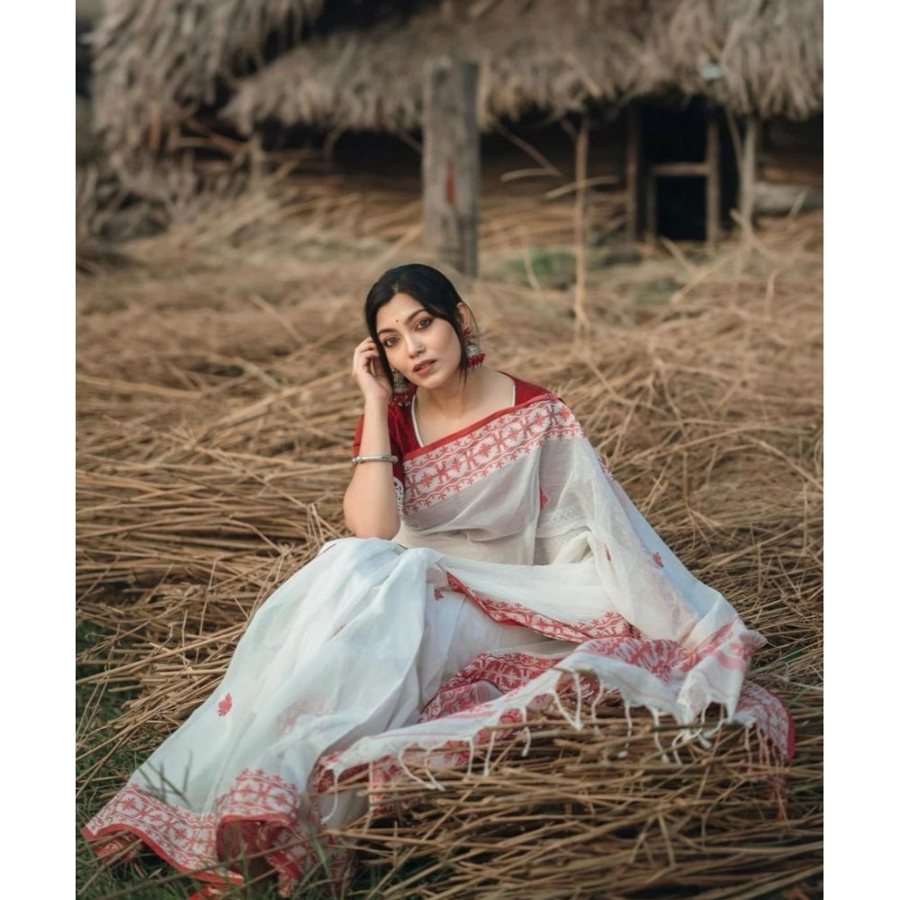 Seduva Women's Cotton  Printed Saree With Unstitched Blouse 5.5Mtr (White-Red)