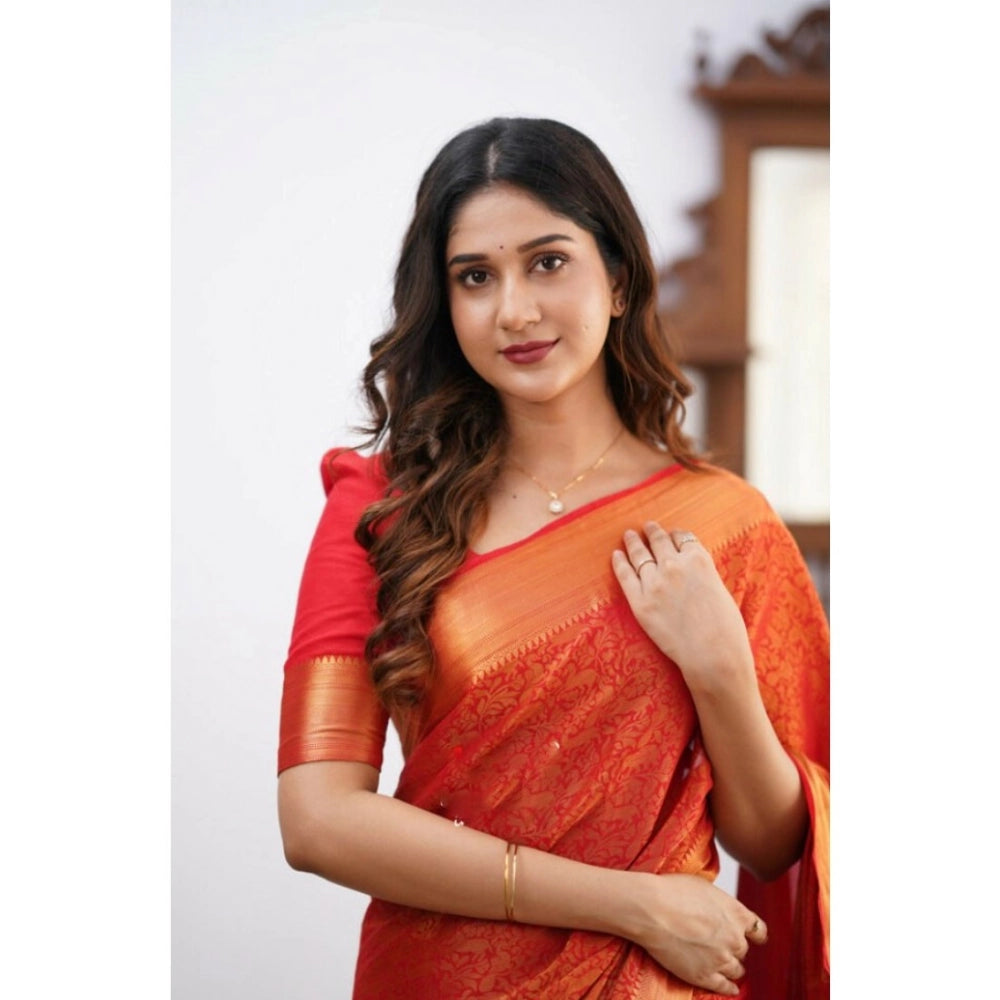 Seduva Women's Silk Printed Saree With Unstitched Blouse 5.5Mtr (Orange)