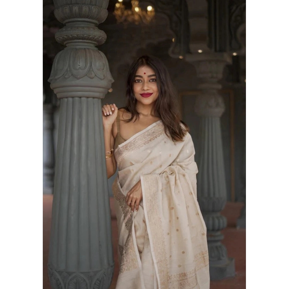 Seduva Women's Cotton  Printed Saree With Unstitched Blouse 5.5Mtr (Cream)