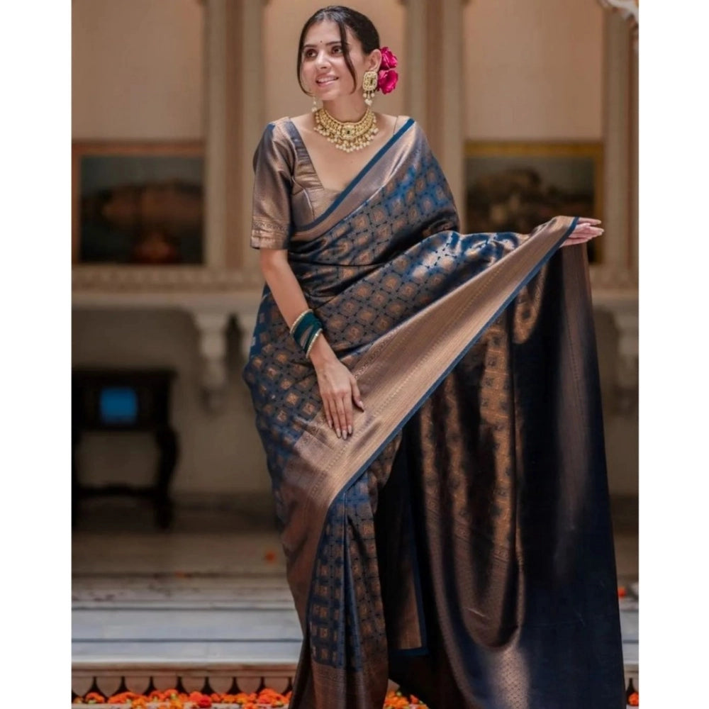 Seduva Women's Silk Printed Saree With Unstitched Blouse 5.5Mtr (Blue)
