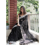 Seduva Women's Cotton  Printed Saree With Unstitched Blouse 5.5Mtr (Black)