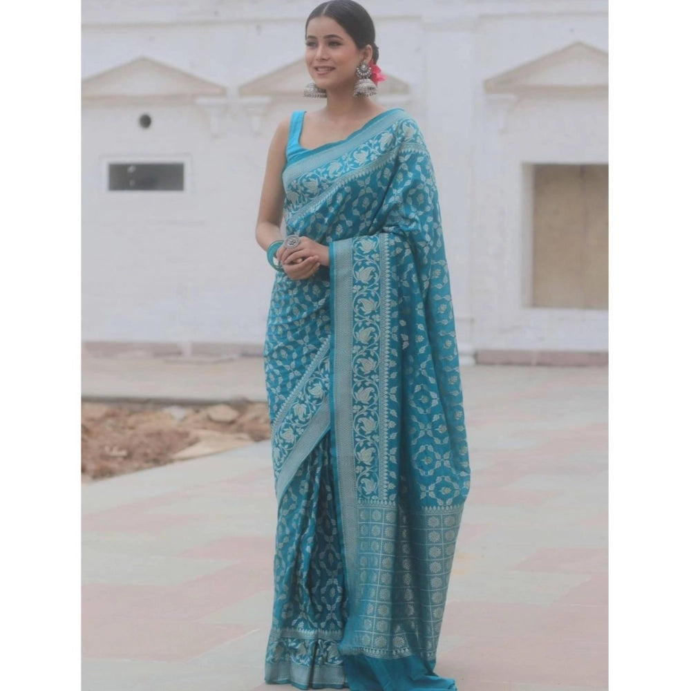 Seduva Women's Silk Printed Saree With Unstitched Blouse 5.5Mtr (Sky Blue)