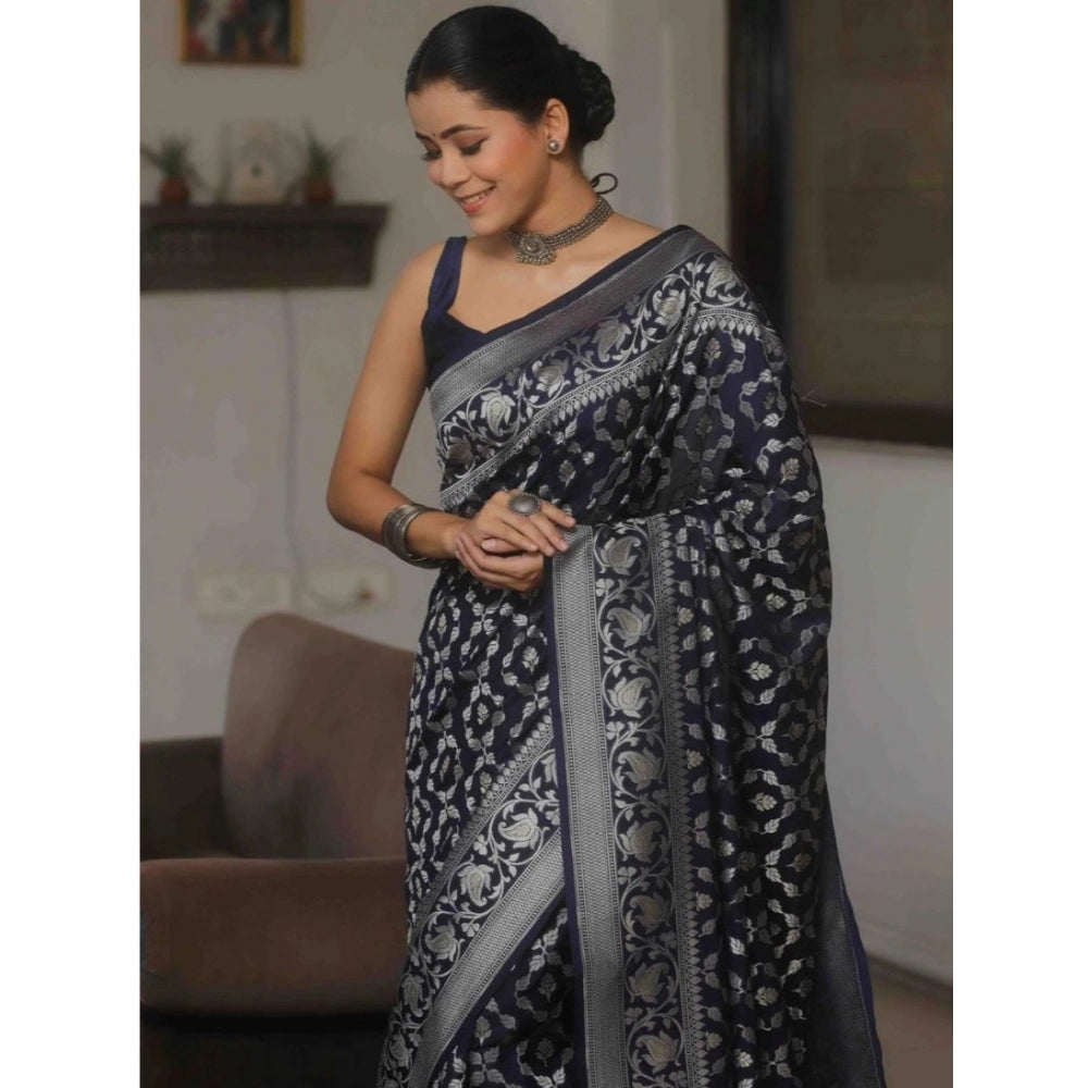 Seduva Women's Silk Printed Saree With Unstitched Blouse 5.5Mtr (Navy Blue)