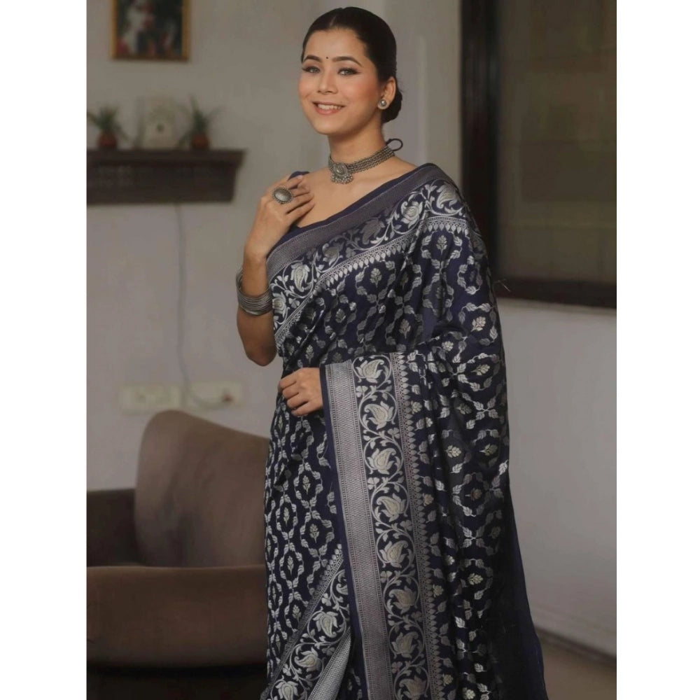 Seduva Women's Silk Printed Saree With Unstitched Blouse 5.5Mtr (Navy Blue)