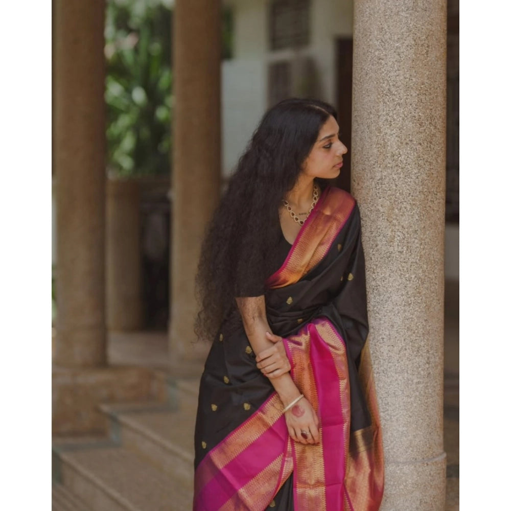 Seduva Women's Silk Printed Saree With Unstitched Blouse 5.5Mtr (Black-Pink)