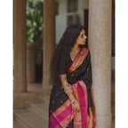 Seduva Women's Silk Printed Saree With Unstitched Blouse 5.5Mtr (Black-Pink)