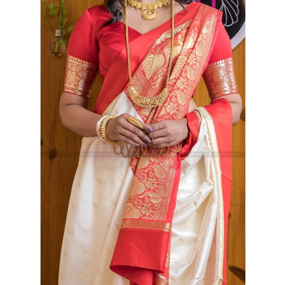 Seduva Women's Silk Printed Saree With Unstitched Blouse 5.5Mtr (White-Red)
