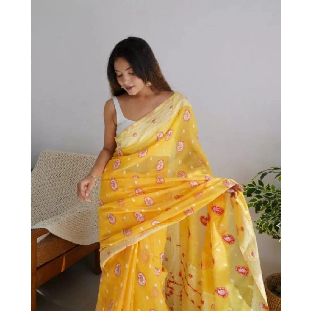 Seduva Women's Cotton  Printed Saree With Unstitched Blouse 5.5Mtr (Yellow)