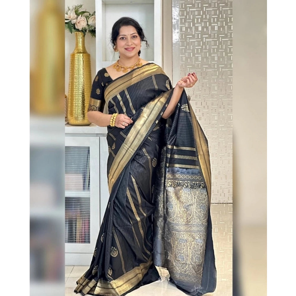 Seduva Women's Silk Printed Saree With Unstitched Blouse 5.5Mtr (Black)