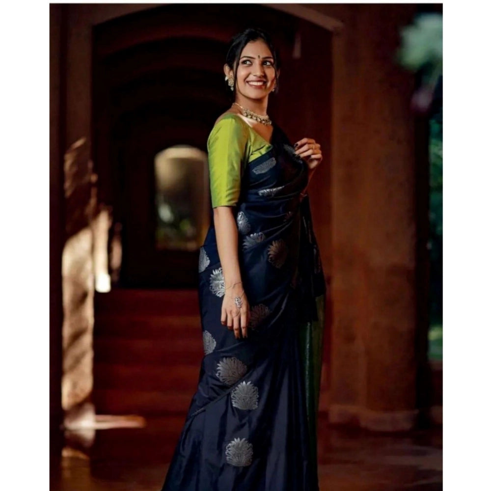 Seduva Women's Silk Printed Saree With Unstitched Blouse 5.5Mtr (Navy Blue)