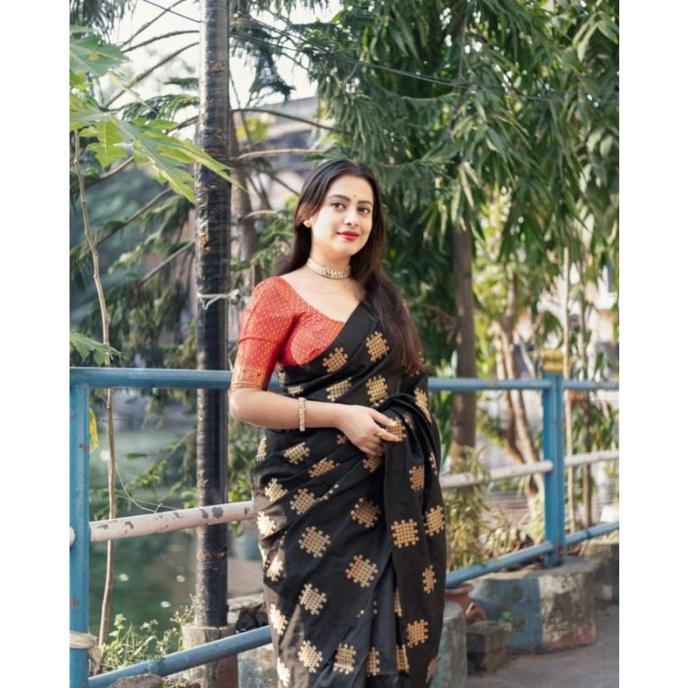 Seduva Women's Silk Printed Saree With Unstitched Blouse 5.5Mtr (Blacl-Orange)