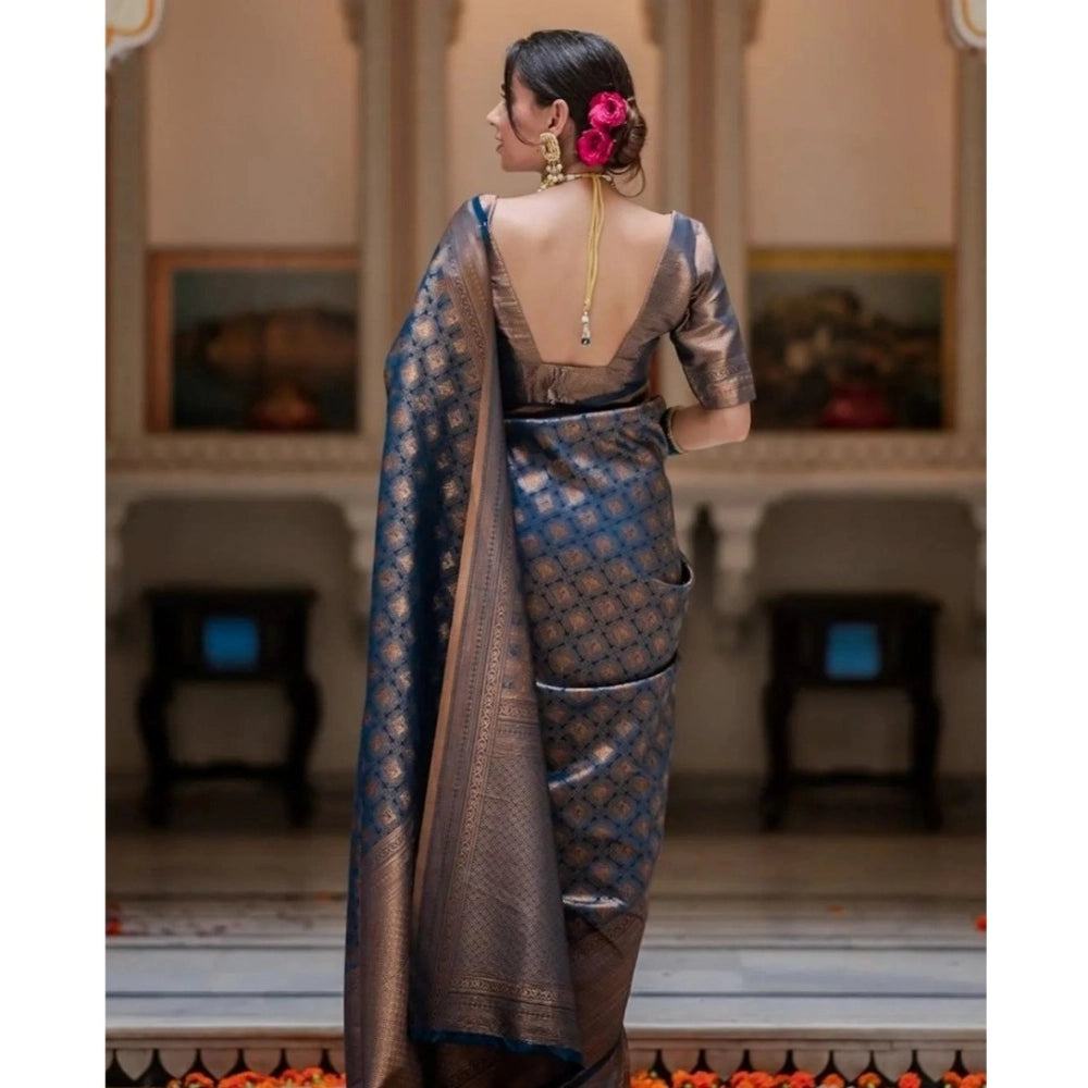 Seduva Women's Silk Printed Saree With Unstitched Blouse 5.5Mtr (Blue)