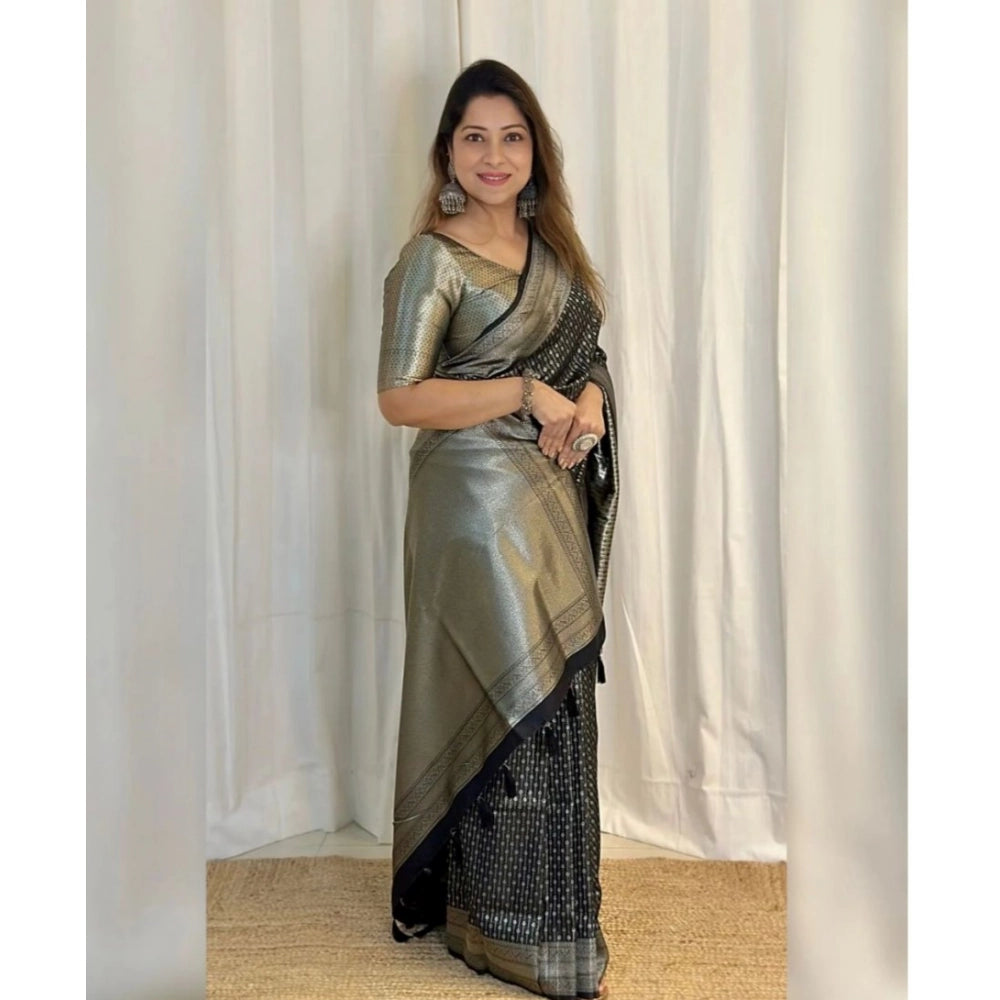 Seduva Women's Silk Printed Saree With Unstitched Blouse 5.5Mtr (Black)