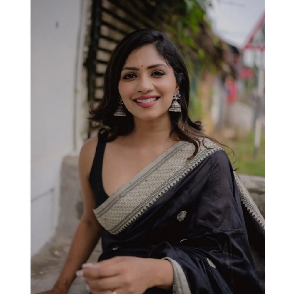 Seduva Women's Silk Printed Saree With Unstitched Blouse 5.5Mtr (Black)