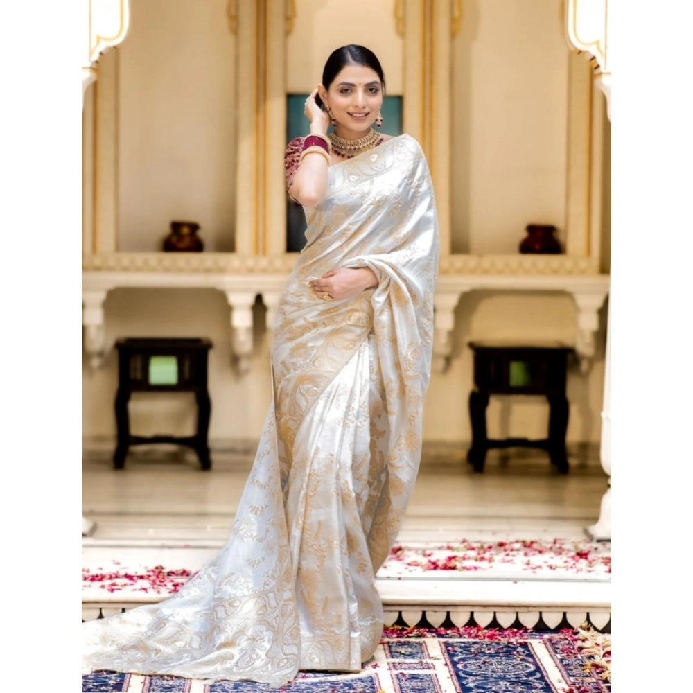 Seduva Women's Silk Printed Saree With Unstitched Blouse 5.5Mtr (White)