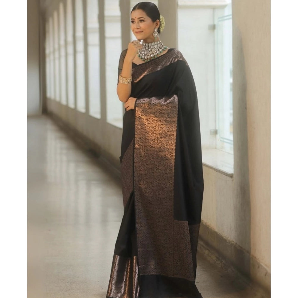 Seduva Women's Silk Printed Saree With Unstitched Blouse 5.5Mtr (Black)