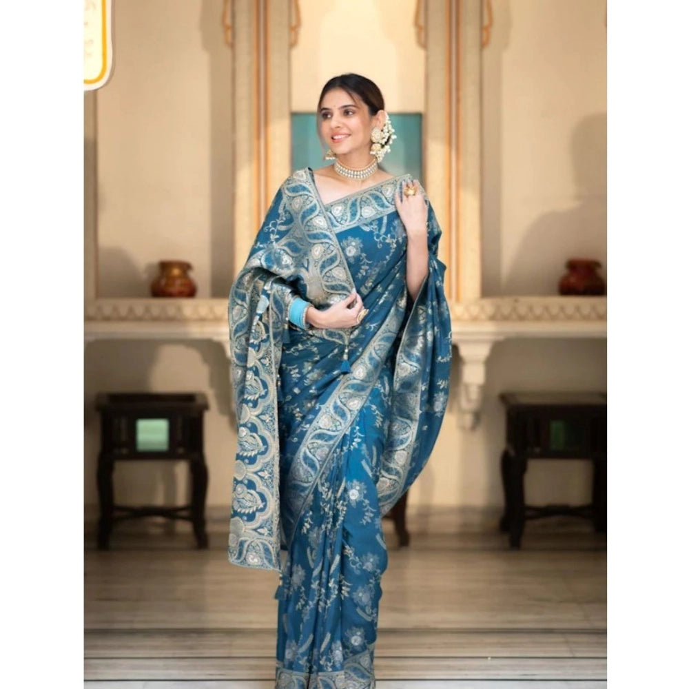 Seduva Women's Silk Printed Saree With Unstitched Blouse 5.5Mtr (Teal Blue)