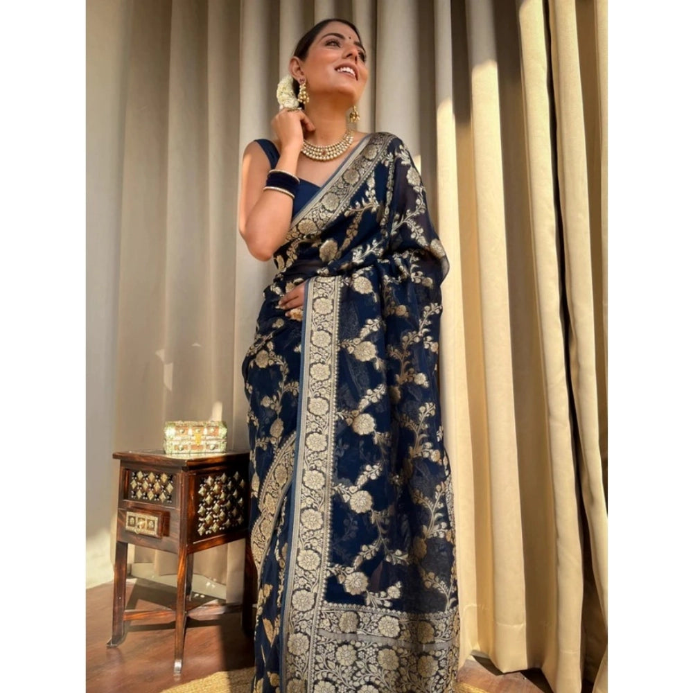 Seduva Women's Silk Printed Saree With Unstitched Blouse 5.5Mtr (Dark Blue)