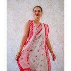 Seduva Women's Cotton  Printed Saree With Unstitched Blouse 5.5Mtr (White-Pink)