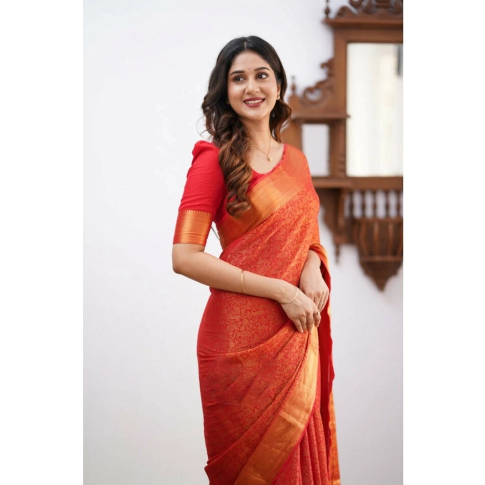 Seduva Women's Silk Printed Saree With Unstitched Blouse 5.5Mtr (Orange)