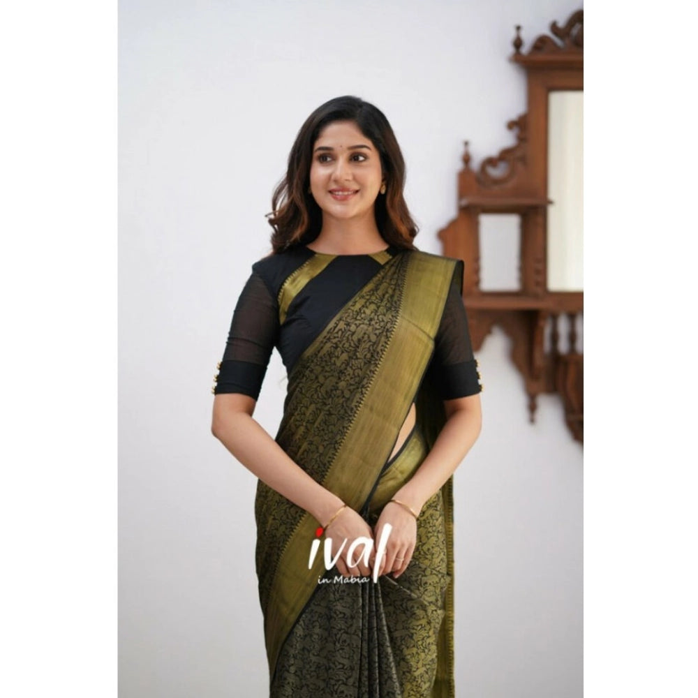 Seduva Women's Silk Printed Saree With Unstitched Blouse 5.5Mtr (Black)