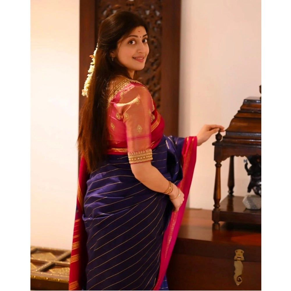 Seduva Women's Silk Printed Saree With Unstitched Blouse 5.5Mtr (Navy Blue)