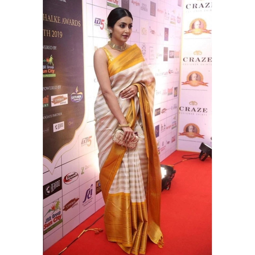 Seduva Women's Silk Printed Saree With Unstitched Blouse 5.5Mtr (Off White-Yellow)