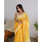 Seduva Women's Cotton  Printed Saree With Unstitched Blouse 5.5Mtr (Yellow)