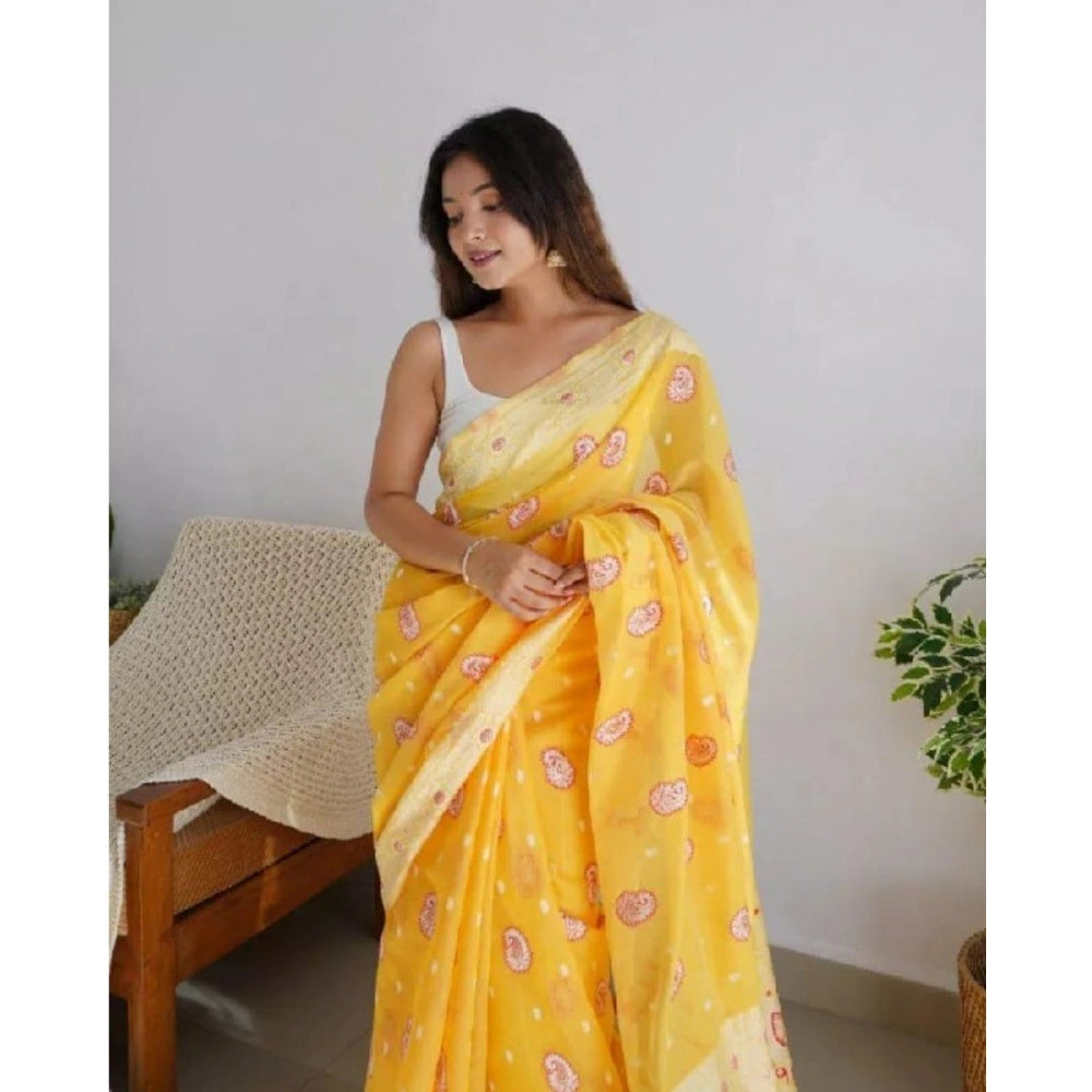 Seduva Women's Cotton  Printed Saree With Unstitched Blouse 5.5Mtr (Yellow)