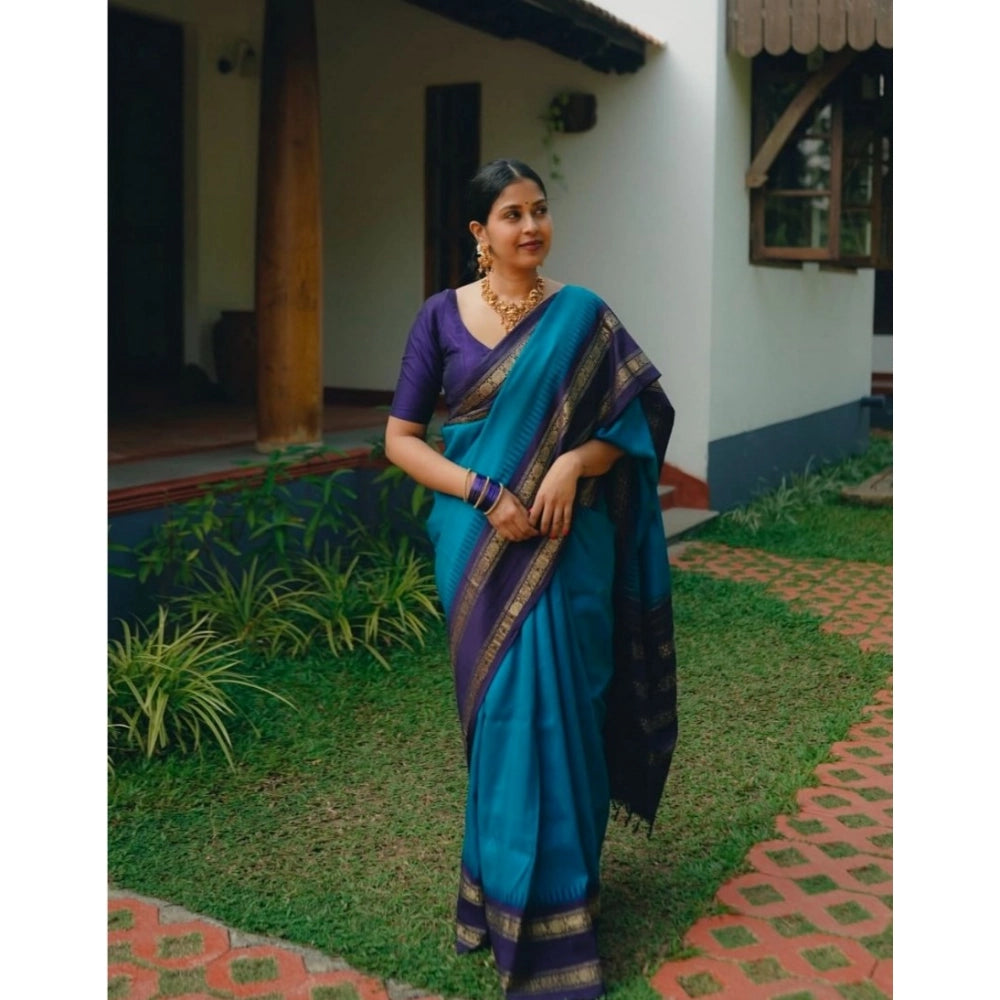 Seduva Women's Silk Printed Saree With Unstitched Blouse 5.5Mtr (Blue)