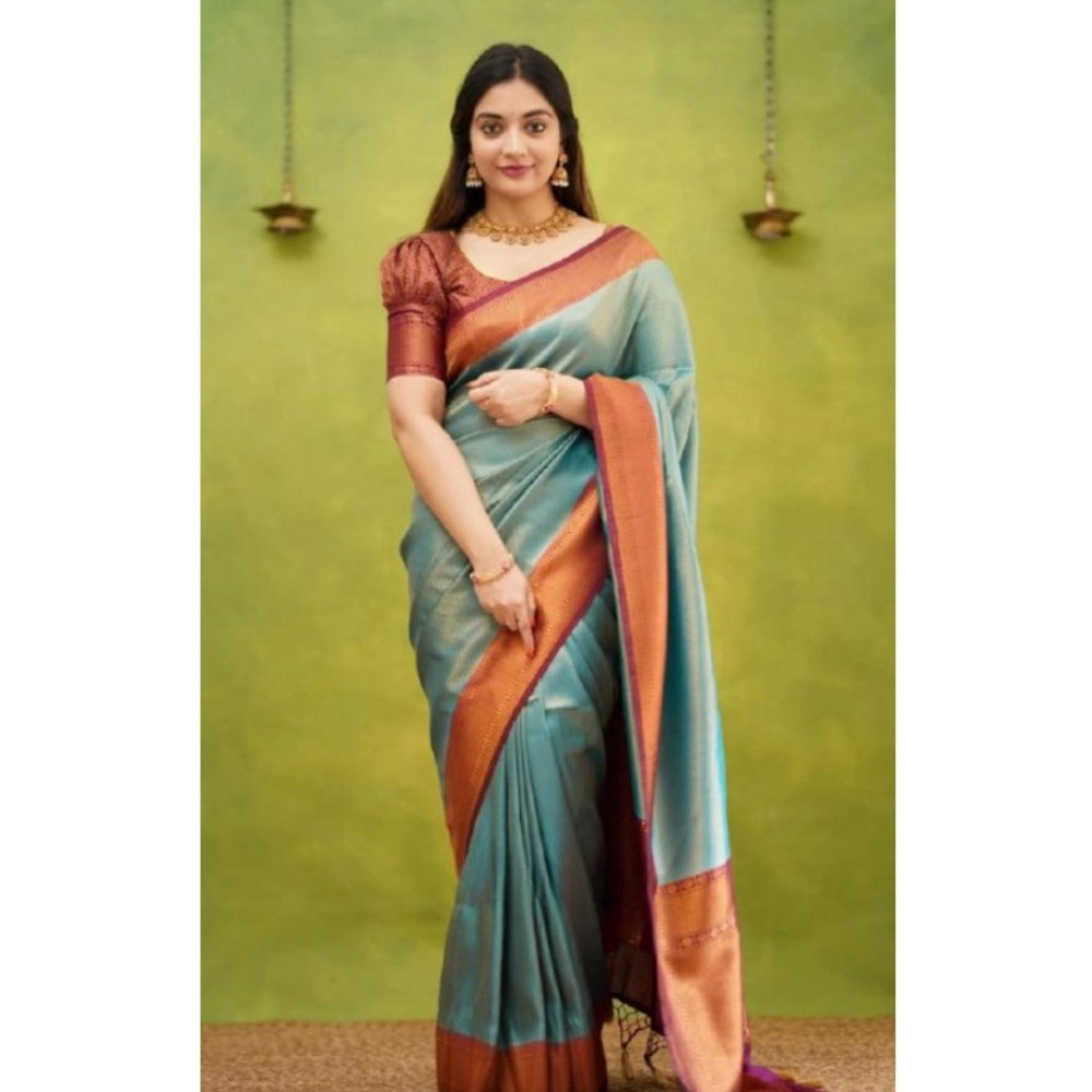 Seduva Women's Silk Printed Saree With Unstitched Blouse 5.5Mtr (Rama)