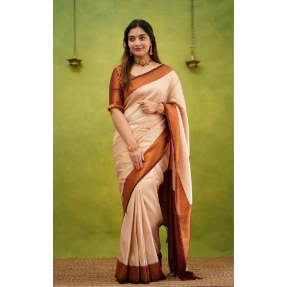 Seduva Women's Silk Printed Saree With Unstitched Blouse 5.5Mtr (Cream)