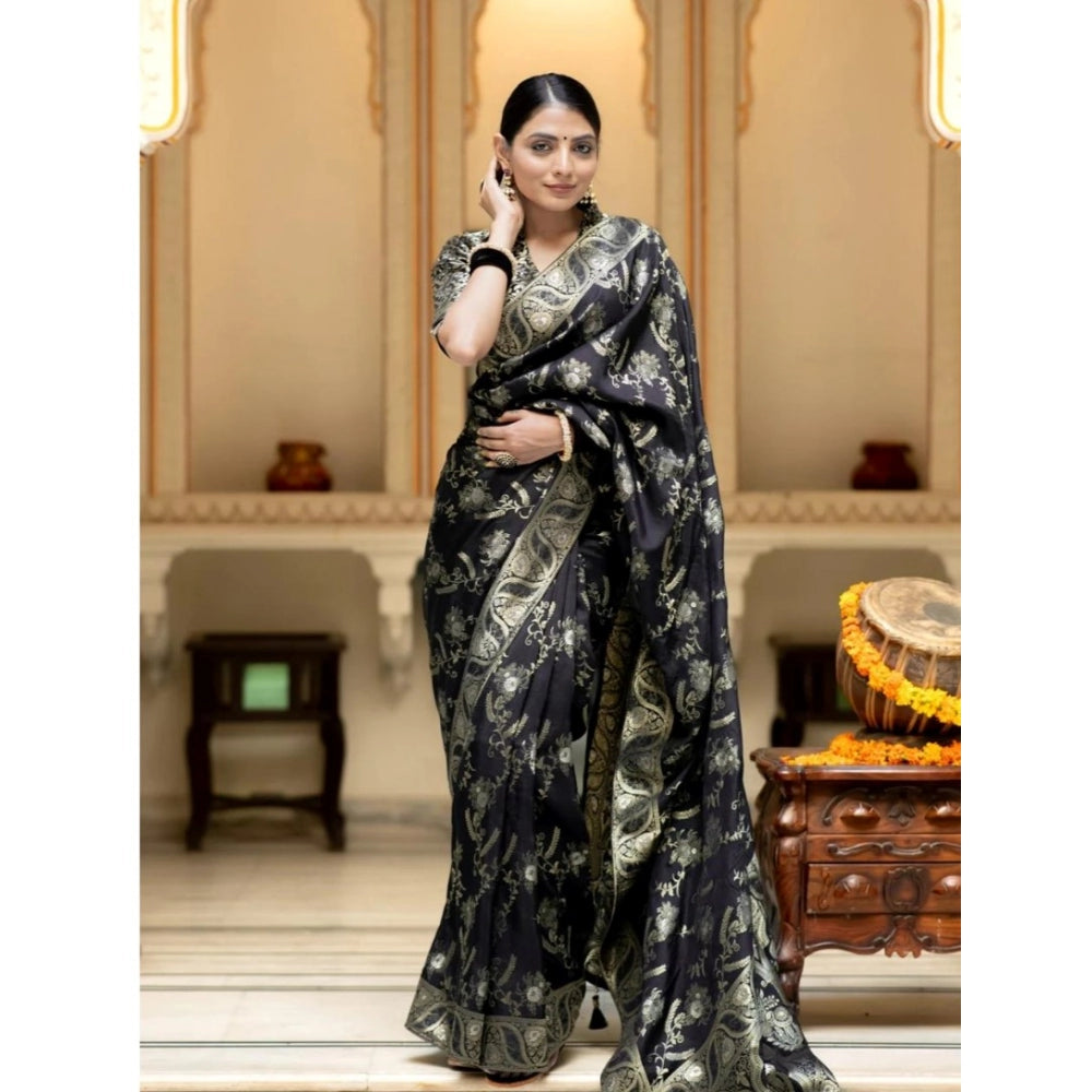 Seduva Women's Silk Printed Saree With Unstitched Blouse 5.5Mtr (Black)