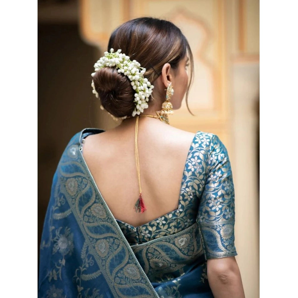 Seduva Women's Silk Printed Saree With Unstitched Blouse 5.5Mtr (Teal Blue)