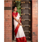 Seduva Women's Silk Printed Saree With Unstitched Blouse 5.5Mtr (White)