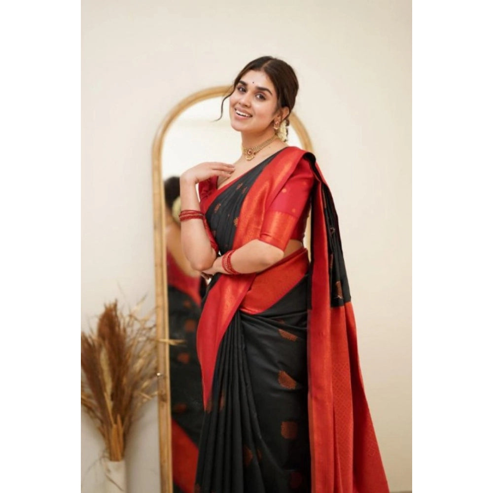 Seduva Women's Silk Printed Saree With Unstitched Blouse 5.5Mtr (Black)